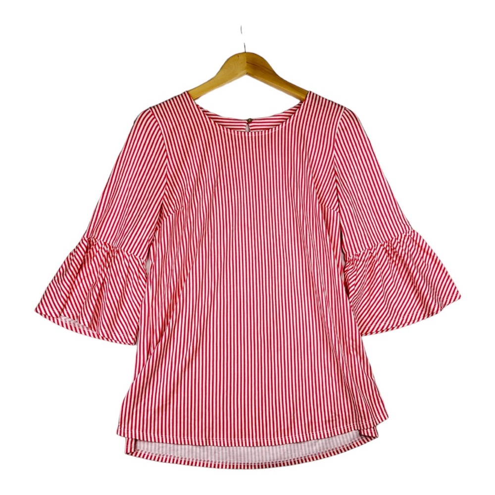 Soft Surroundings ruffle 3/4 sleeve stripe key hole back blouse size S